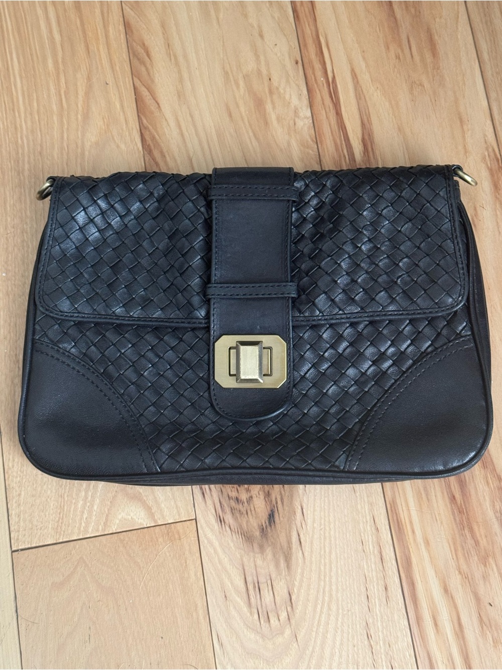 Black Woven Leather Clutch Bag with Gold-Tone Clasp and D-rings to attach strap